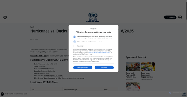 Security scan screenshot of https://foxsports990.iheart.com/content/2025-10-16-hurricanes-vs-ducks-time-tv-live-stream-10162025/