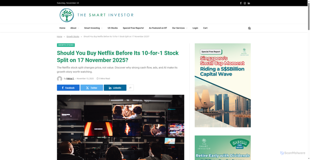 Security scan screenshot of https://thesmartinvestor.com.sg/should-you-buy-netflix-before-its-10-for-1-stock-split-on-17-november-2025/