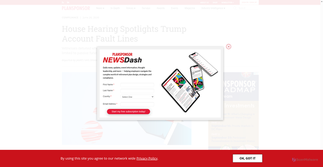 Security scan screenshot of https://www.plansponsor.com/house-hearing-spotlights-trump-account-fault-lines/