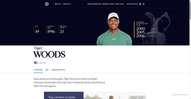 Security scan screenshot of https://www.theopen.com/players/tiger-woods