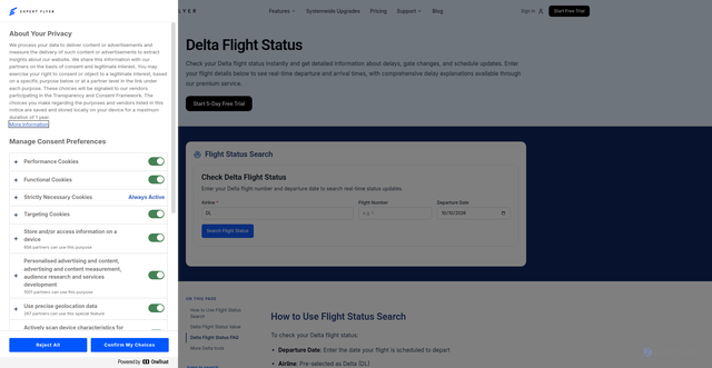 Security scan screenshot of https://www.expertflyer.com/info-airlines/delta-flight-status