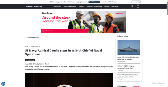 Security scan screenshot of https://www.navaltoday.com/2025/08/26/us-navy-admiral-caudle-steps-in-as-34th-chief-of-naval-operations/