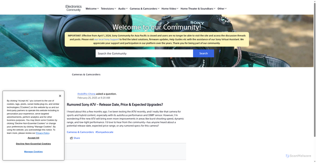Security scan screenshot of https://us.community.sony.com/s/question/0D5Dp00002KlcpxKAB/rumored-sony-a7v-release-date-price-expected-upgrades?language=en_US