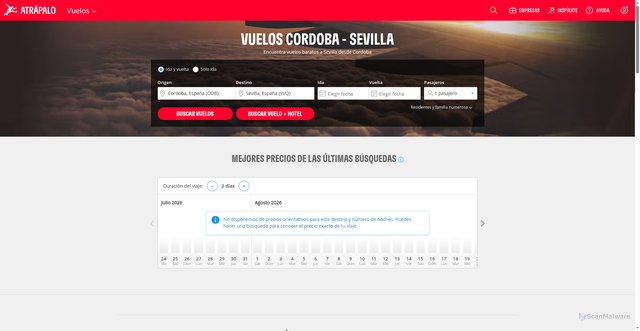 Security scan screenshot of https://www.atrapalo.com/vuelos/cordoba-sevilla_odb-svq.html?srsltid=AfmBOorD-L5fzOab42oa2ackDB3cKpwMefedUS77YJkpMua51hZpgqol