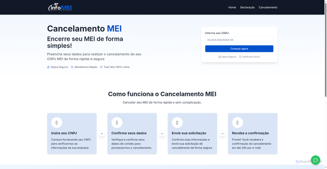 Security scan screenshot of https://www.infomei.com.br/cancelamento