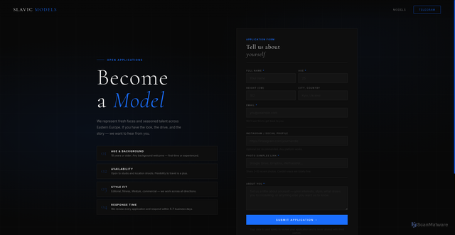 Security scan screenshot of https://slavic-models.com/become-a-model.html