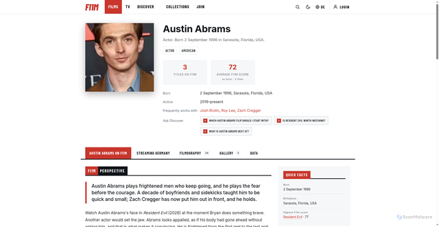 Security scan screenshot of https://film.one/person/austin-abrams