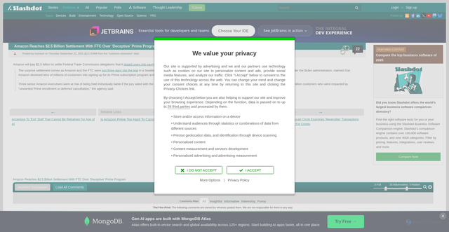 Security scan screenshot of https://yro.slashdot.org/story/25/09/25/1552229/amazon-reaches-25-billion-settlement-with-ftc-over-deceptive-prime-program