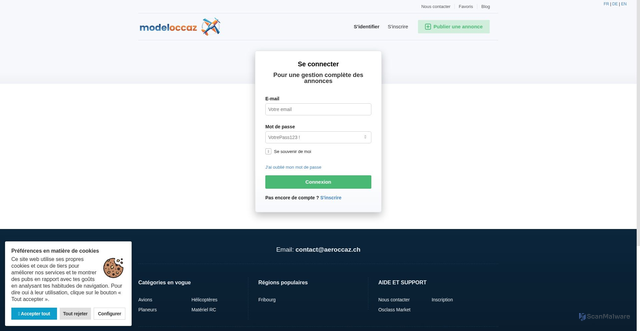 Security scan screenshot of https://modeloccaz.ch/user/login