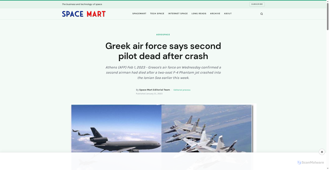 Security scan screenshot of https://spacemart.com/greek-air-force-says-second-pilot-dead-after-crash-999/