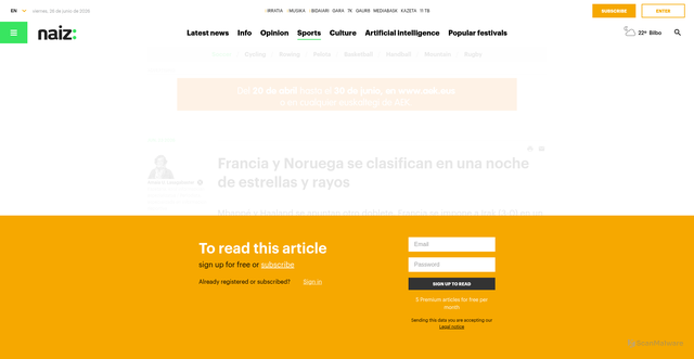 Security scan screenshot of https://www.naiz.eus/en/info/noticia/20260623/francia-y-noruega-se-clasifican-en-una-noche-de-estrellas-y-rayos