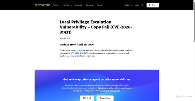 Security scan screenshot of https://www.dynatrace.com/news/security-alert/local-privilege-escalation-vulnerability-copy-fail-cve-2026-31431/
