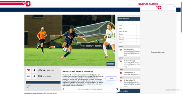 Security scan screenshot of https://daytonflyers.com/news/2025/10/5/womens-soccer-hau-goldens-two-goals-lead-udwsoc-to-4-0-win-at-vcu.aspx