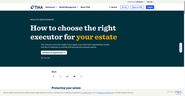 Security scan screenshot of https://www.tiaa.org/public/invest/services/wealth-management/perspectives/how-to-choose-an-executor