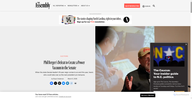 Security scan screenshot of https://www.theassemblync.com/news/politics/elections/phil-berger-nc-senate-leader-power-vacuum/