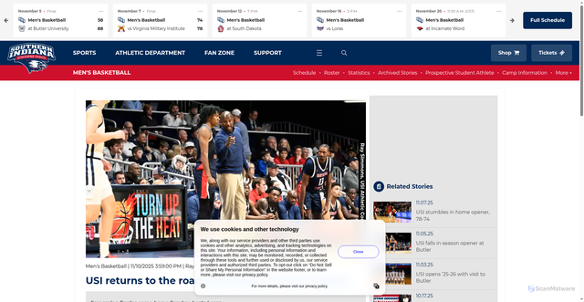 Security scan screenshot of https://usiscreamingeagles.com/news/2025/11/10/mens-basketball-usi-returns-to-the-road-wednesday-at-south-dakota.aspx