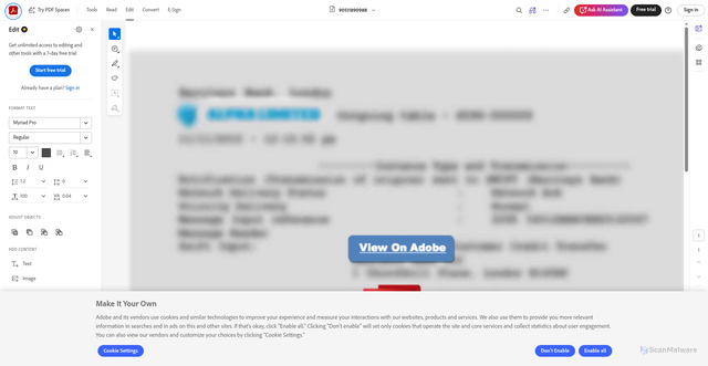 Security scan screenshot of https://acrobat.adobe.com/id/urn%3Aaaid%3Asc%3AVA6C2%3A35c11f47-8a00-4595-816d-a774ffef4b4c/?viewer%21megaVerb=group-edit&filetype=application%2Fpdf
