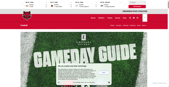 Security scan screenshot of https://astateredwolves.com/news/2025/10/23/football-gameday-2025-gaso.aspx