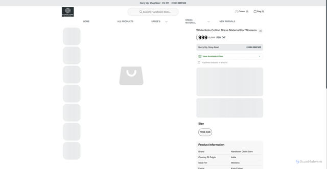 Security scan screenshot of https://handloomclothstore.com/White-Kota-Cotton-Dress-Material-For-Womens/catalogue/VSK7y0q-/5w6cL1Rn