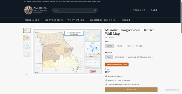 Security scan screenshot of https://www.americanmapstore.com/products/missouri-congressional-district-wall-map