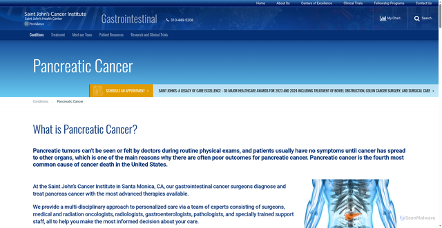 Security scan screenshot of https://www.saintjohnscancer.org/gastrointestinal/conditions-we-treat/pancreatic-cancer/