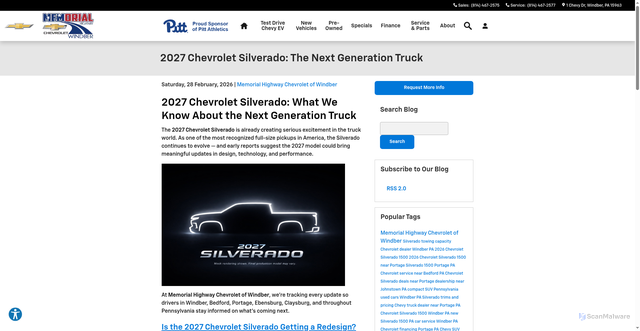 Security scan screenshot of https://www.memorialchevywindber.com/blog/2026/february/28/2027-chevrolet-silverado-the-next-generation-truck.htm