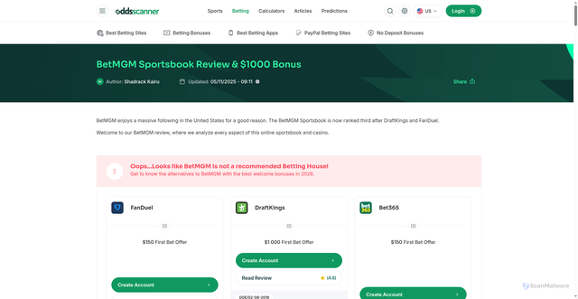 Security scan screenshot of https://oddsscanner.com/us/betting/betmgm