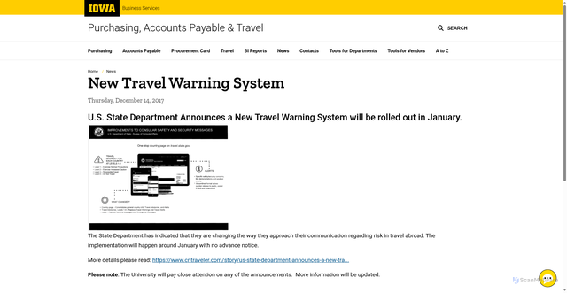 Security scan screenshot of https://ap-purchasing.fo.uiowa.edu/news/2017/12/new-travel-warning-system