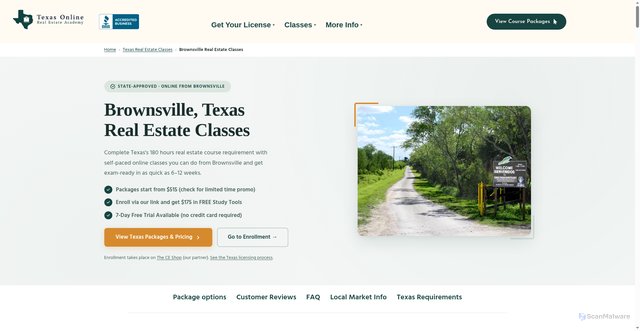 Security scan screenshot of https://texasonlinerealestateacademy.com/brownsville-texas-real-estate-license-classes/