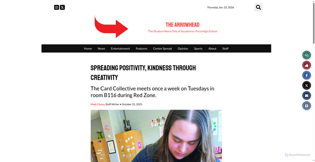 Security scan screenshot of https://thearrowheadonline.com/5504/news/spreading-positivity-kindness-through-creativity/