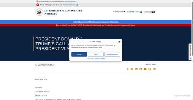 Security scan screenshot of https://ru.usembassy.gov/president-donald-j-trumps-call-with-president-vladimir-putin/