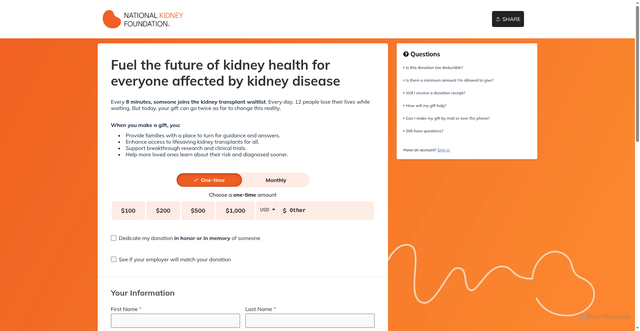 Security scan screenshot of https://support.kidney.org