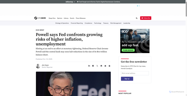 Security scan screenshot of https://www.cfodive.com/news/powell-says-fed-confronts-growing-risks-higher-inflation-unemployment/802776/