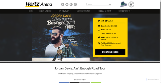 Security scan screenshot of https://hertzarena.com/events/jordan-davis-aint-enough-road-tour/
