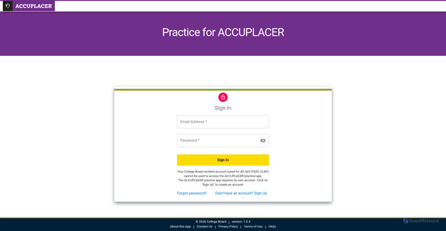 Security scan screenshot of https://practice.accuplacer.org