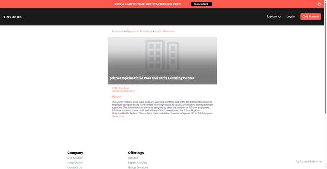 Security scan screenshot of https://www.tinyhood.com/resources/biz/johns-hopkins-child-care-and-early-learning-center-lutherville