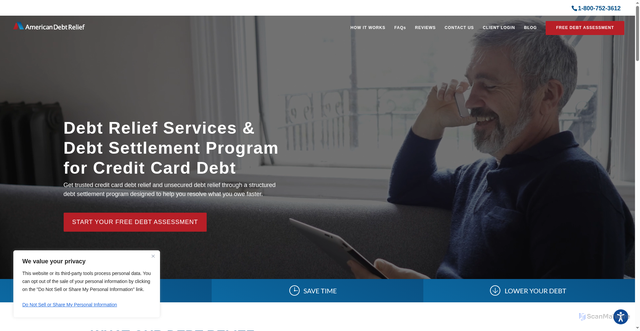 Security scan screenshot of https://www.americandebtrelief.com/