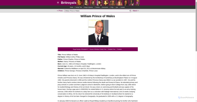 Security scan screenshot of https://www.britroyals.com/family.asp?id=william
