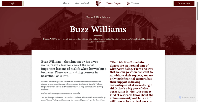 Security scan screenshot of https://12thmanfoundation.com/donor-impact/stories/buzz-williams/index.html