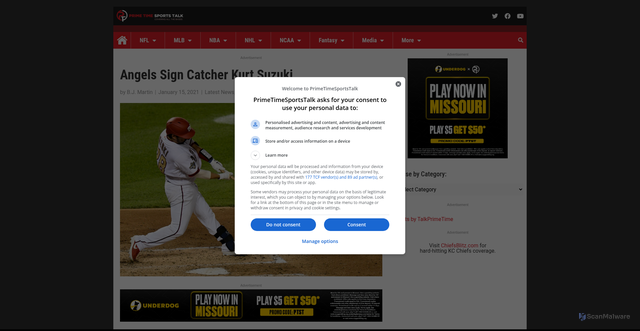 Security scan screenshot of https://primetimesportstalk.com/angels-sign-catcher-kurt-suzuki/