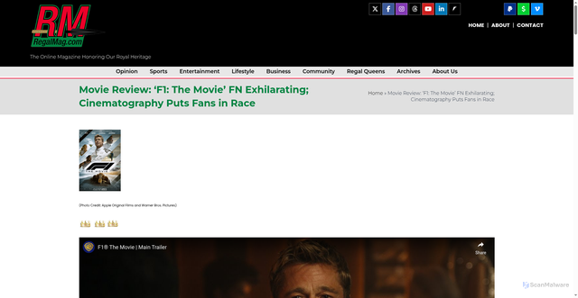 Security scan screenshot of https://www.regalmag.com/movie-review-f1-the-movie-fn-exhilarating-cinematography-puts-fans-in-race/