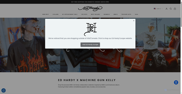 Security scan screenshot of https://edhardyoriginals.com/collections/mgk?srsltid=AfmBOorXZJapv-4Mkmvv-YK2PPG31MOLIEAiZ55qKz5Q6j4pq6fBenLk