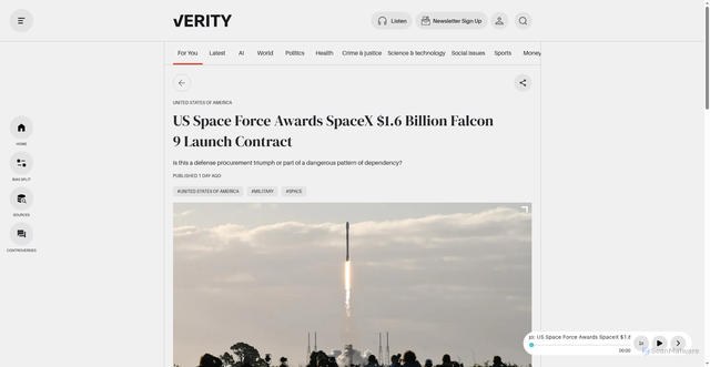 Security scan screenshot of https://www.verity.news/story/2026/us-space-force-awards-spacex-billion-falcon-launch-contract