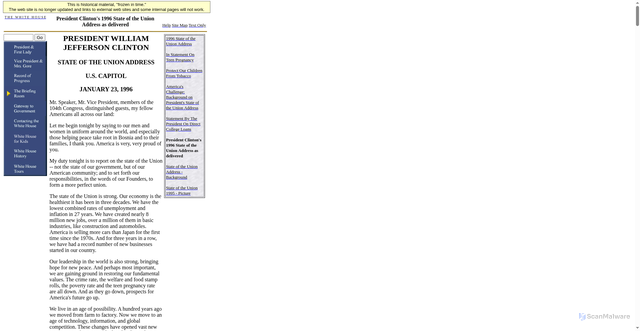 Security scan screenshot of https://clintonwhitehouse4.archives.gov/WH/New/other/sotu.html