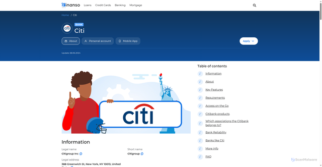 Security scan screenshot of https://finanso.com/us/citi/