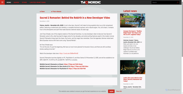 Security scan screenshot of https://thqnordic.com/article/sacred-2-remaster-behind-rebirth-new-developer-video