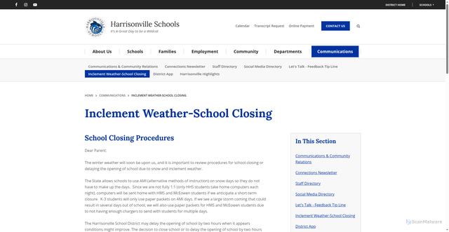 Security scan screenshot of https://www.harrisonvilleschools.org/communications/inclement-weather-school-closing