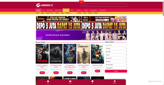 Security scan screenshot of https://lk21.cyou/category/thriller/