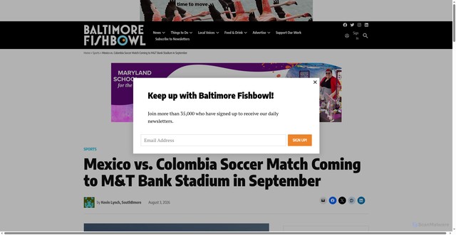 Security scan screenshot of https://baltimorefishbowl.com/stories/mexico-vs-colombia-soccer-match-coming-to-mt-bank-stadium-in-september/