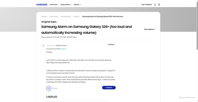 Security scan screenshot of https://r1.community.samsung.com/t5/galaxy-s/samsung-alarm-on-samsung-galaxy-s20-too-loud-and-automatically/td-p/8519918